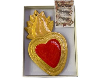 Exvoto del Sagrado Corazón en Cerámica Hecho a Mano y Pintado con Caja de Regalo Hecho en Italia