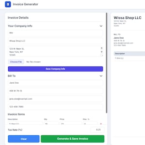May include: Screenshot of an invoice generator interface. The screen displays fields for invoice details, including company information, recipient details, and itemized lists. Buttons include "Save Company Info" and "Generate & Save Invoice."