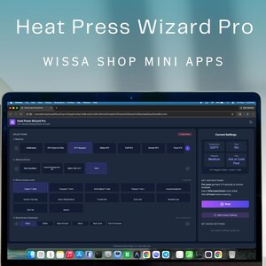 May include: A laptop displaying the "Heat Press Wizard Pro" interface. The screen shows a dark-themed application with various settings and options. The text "WISSA SHOP MINI APPS" is above the laptop. A paintbrush rests in a small vase.