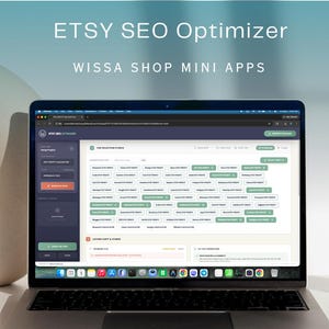 May include: A laptop displaying the "ETSY SEO Optimizer" interface with the text "WISSA SHOP MINI APPS" at the top. The screen shows a grid of options. A paintbrush rests in a small, gold-colored container.