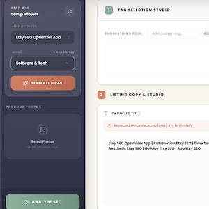 May include: Screenshot of the Etsy SEO Optimizer app interface. The left side shows setup options, including keyword and niche selection. The right side displays tag selection and listing copy tools. The title section highlights repeated words.