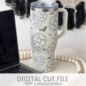 Elegante Halloween Tumbler SVG - Graveerbaar ontwerp met bloemen, spinnenwebben en vleermuizen