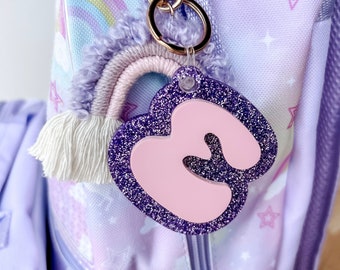 3D Letter Backpack Name Tag Purple Glitter Acrylic Keychain Luggage Kids Lunch Box Diaper Bag Accessory