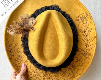 Dia De Los Muertos Krempenhutdatei - Blumen- & Totenkopf-Design | Laser Hat Brennendes Design, Hut Lasergravur Vorlage, digitaler Download SVG
