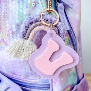 3D Letter Backpack Name Tag Acrylic Purple and Pink Keychain Luggage Kids Lunch Box Diaper Bag Accessory image 7