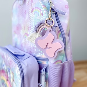 3D Letter Backpack Name Tag Acrylic Purple and Pink Keychain Luggage Kids Lunch Box Diaper Bag Accessory image 3