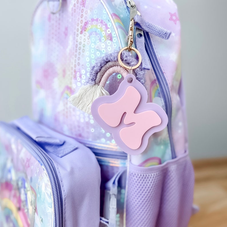 3D Letter Backpack Name Tag Acrylic Purple and Pink Keychain Luggage Kids Lunch Box Diaper Bag Accessory image 3