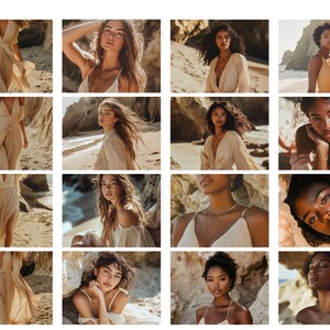 May include: A collage of photos featuring a woman wearing a variety of white dresses and posing on a beach. The woman has long, dark hair and is wearing different jewelry in each photo.