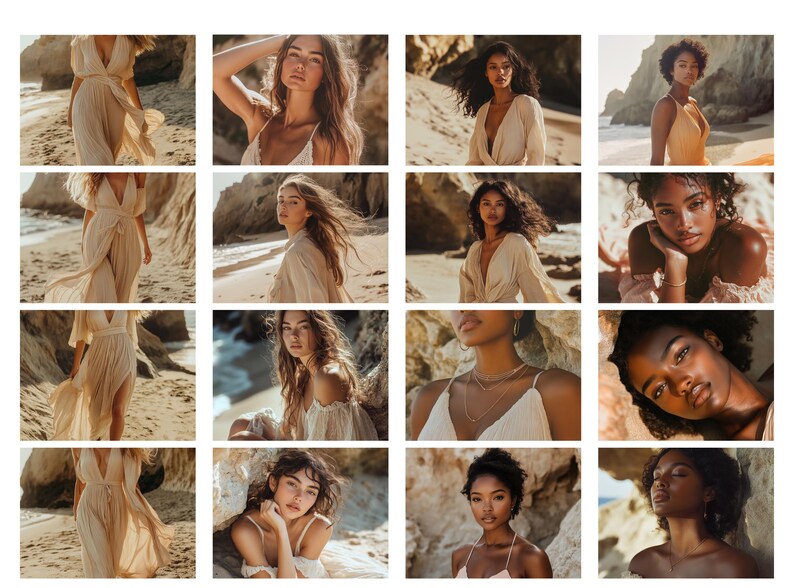 May include: A collage of photos featuring a woman wearing a variety of white dresses and posing on a beach. The woman has long, dark hair and is wearing different jewelry in each photo.