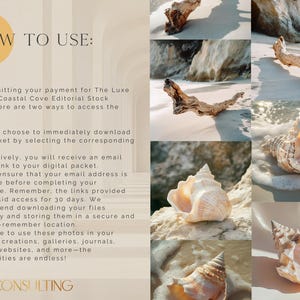 May include: A collage of images featuring seashells and driftwood on a sandy beach. The text "HOW TO USE" is at the top of the image. The text below explains how to access digital files after purchase.