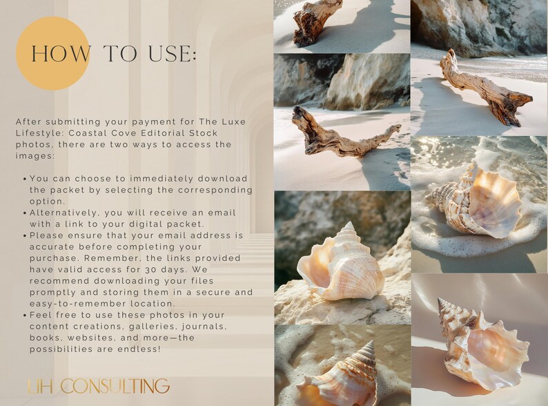 May include: A collage of images featuring seashells and driftwood on a sandy beach. The text "HOW TO USE" is at the top of the image. The text below explains how to access digital files after purchase.