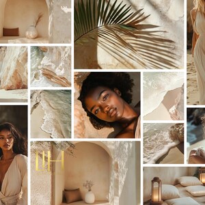 May include: A collage of images featuring a woman in a white dress, a woman lying on a beach, a woman sitting on a rock, and a palm leaf. The images are all in a warm, natural color palette and evoke a sense of luxury and relaxation. The text "THE LUXE LIFESTYLE: COASTAL COVE" is also included in the collage.