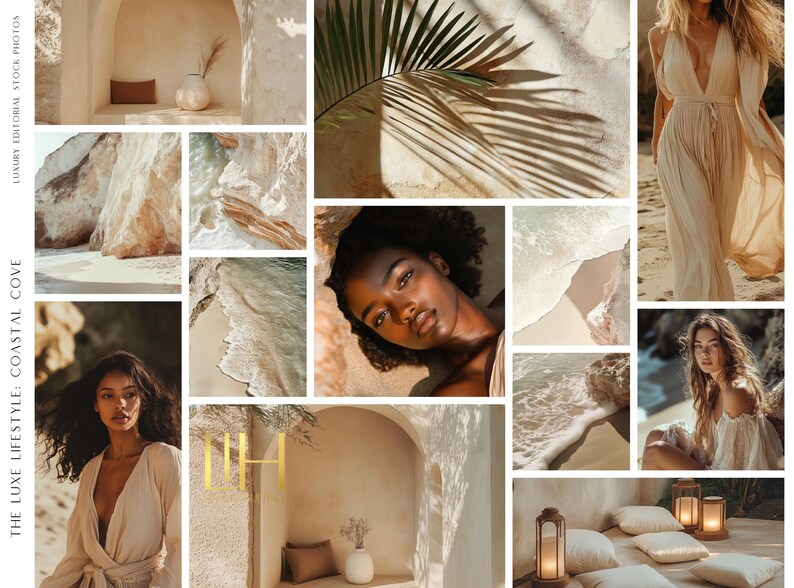 May include: A collage of images featuring a woman in a white dress, a woman lying on a beach, a woman sitting on a rock, and a palm leaf. The images are all in a warm, natural color palette and evoke a sense of luxury and relaxation. The text "THE LUXE LIFESTYLE: COASTAL COVE" is also included in the collage.