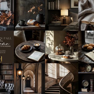 Peut inclure: Un collage d'images mettant en scène l'automne à Londres. Les images comprennent une bibliothèque, un escalier, un café et une scène de rue. Les images sont toutes dans une palette de couleurs chaudes et automnales. Le texte "LONDON IN FALL. autumn meets academia. 170+ GENERATED STOCK PHOTOS" est affiché au centre du collage.