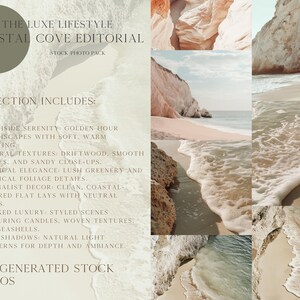May include: A collage of six images featuring a coastal cove theme. The images include sandy beaches, rocky cliffs, and ocean waves. The text "THE LUXE LIFESTYLE COASTAL COVE EDITORIAL STOCK PHOTO PACK COLLECTION INCLUDES:" is displayed on the left side of the collage.