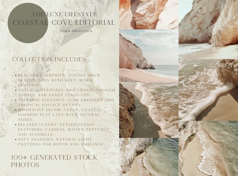 May include: A collage of six images featuring a coastal cove theme. The images include sandy beaches, rocky cliffs, and ocean waves. The text "THE LUXE LIFESTYLE COASTAL COVE EDITORIAL STOCK PHOTO PACK COLLECTION INCLUDES:" is displayed on the left side of the collage.