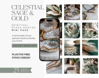 Celestial Sage and Gold Stock Photos and Videos | Spiritual Branding (Digital Download)
