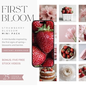 May include: A digital product display with the text "FIRST BLOOM" and "STRAWBERRY BLOSSOM MINI PACK". The image features strawberries, flowers, and a cake. The product includes 25 stock photos and 5 free stock videos.