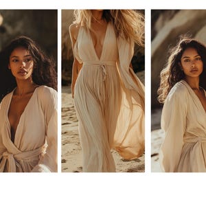May include: Three women wearing long, flowing, light beige dresses with deep V-necks. The dresses are made of a soft, flowing fabric and have a relaxed, bohemian style. The women are standing in a natural setting, with sand and rocks in the background.