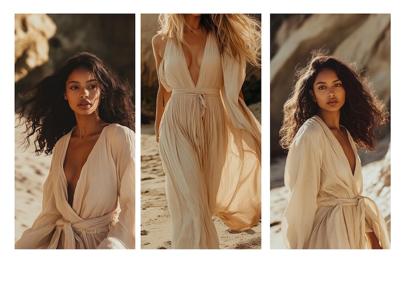 May include: Three women wearing long, flowing, light beige dresses with deep V-necks. The dresses are made of a soft, flowing fabric and have a relaxed, bohemian style. The women are standing in a natural setting, with sand and rocks in the background.