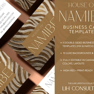 May include: A set of business card templates with a gold and white zebra stripe pattern. The text "House of Namibi Business Card Templates" is displayed on the right side of the image. The text "LIH Consulting" is displayed at the bottom of the image.
