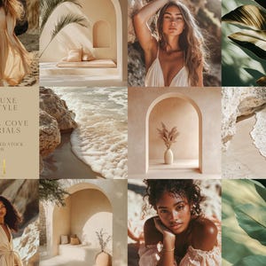 May include: A collage of images featuring a woman in a white dress, a woman in a white top, a woman in a white dress, a beach scene, a beach scene, a room with an archway, a room with an archway, and a green leaf pattern.