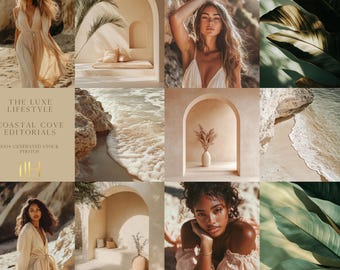Puede incluir: Un collage de imágenes con una mujer con un vestido blanco, una mujer con un top blanco, una mujer con un vestido blanco, una escena de playa, una escena de playa, una habitación con un arco, una habitación con un arco y un patrón de hojas verdes.
