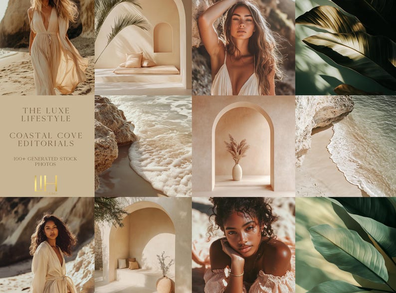 May include: A collage of images featuring a woman in a white dress, a woman in a white top, a woman in a white dress, a beach scene, a beach scene, a room with an archway, a room with an archway, and a green leaf pattern.