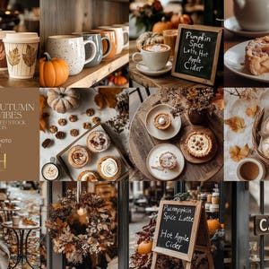 May include: A collage of images featuring autumnal cafe vibes. The images include a variety of fall-themed drinks, pastries, and decorations, such as pumpkins, leaves, and wreaths. The text on the chalkboard signs reads "Pumpkin Spice Latte Hot Apple Cider".