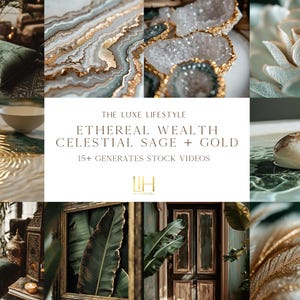 Può includere: Un collage di immagini a tema lussuoso, con accenti verde salvia e oro. Il testo recita "Ethereal Wealth, Celestial Sage + Gold". Le immagini includono primi piani di cristalli, acqua ed elementi decorativi.