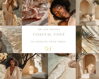 May include: A collage of images with a coastal theme. The images feature a woman in a flowing dress, a seashell, a person lying down, and architectural elements. The text "THE LUXE LIFESTYLE COASTAL COVE" is displayed.