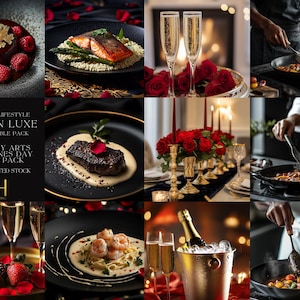 May include: A collage of images showcasing a Valentine's Day themed culinary arts promo pack. The images feature various food items, including salmon, steak, pasta, and desserts, as well as champagne, roses, and candles. The text "LOVE IN LUXE" is displayed in a bold font.