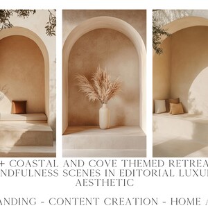 May include: Three arched doorways with a light brown interior. The doorways are decorated with dried pampas grass and pillows. The image is a mockup for branding and content creation.