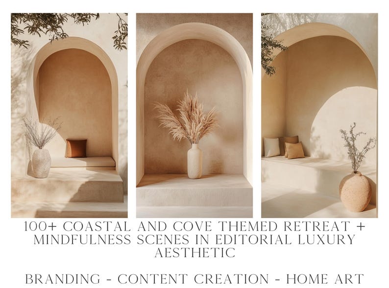 May include: Three arched doorways with a light brown interior. The doorways are decorated with dried pampas grass and pillows. The image is a mockup for branding and content creation.