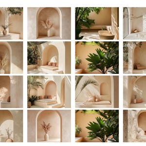 May include: A collection of 12 images showcasing various interior design styles featuring arched doorways, neutral color palettes, and natural elements like dried pampas grass and potted plants. The images depict different arrangements of furniture, cushions, and decorative accents, creating a serene and inviting atmosphere.