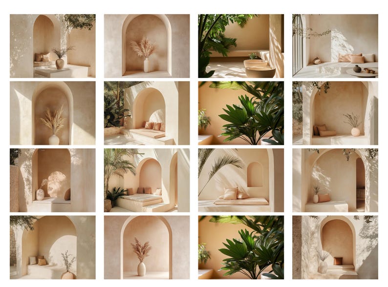 May include: A collection of 12 images showcasing various interior design styles featuring arched doorways, neutral color palettes, and natural elements like dried pampas grass and potted plants. The images depict different arrangements of furniture, cushions, and decorative accents, creating a serene and inviting atmosphere.