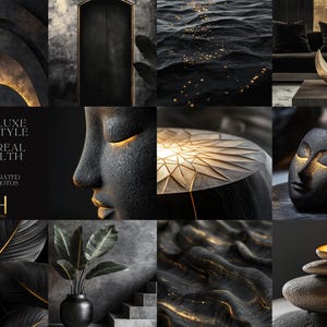 May include: A collage of images featuring black and gold design elements. The images include a black door, a black and gold textured surface, a black and gold sculpture, a black and gold lamp, a black and gold vase with a plant, and a black and gold textured surface with a gold crescent moon.