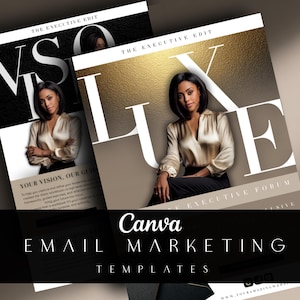 May include: Two Canva email marketing templates with a woman in a silk blouse. The templates have the words "LUXE" and "VSO" in large letters. The text "Canva EMAIL MARKETING TEMPLATES" is at the bottom.