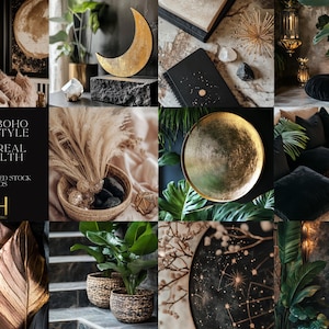 May include: A collage of images featuring a bohemian lifestyle theme. The images include gold accents, plants, and decorative items. The text "The Boho Lifestyle Ethereal Wealth 70+ Generated Stock Photos" is displayed on a black background.