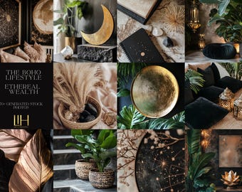 Könnte beinhalten: Eine Collage von Bildern mit dem Thema Boho-Lifestyle. Die Bilder zeigen goldene Akzente, Pflanzen und Dekorationsartikel. Der Text "The Boho Lifestyle Ethereal Wealth 70+ Generated Stock Photos" wird auf schwarzem Hintergrund angezeigt.