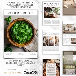 May include: A digital magazine template with a modern farmhouse aesthetic. The cover features a wooden bowl filled with fresh spinach leaves. The text "Modern Roots" is displayed in a bold font at the top of the cover. The template is designed for use with Canva.