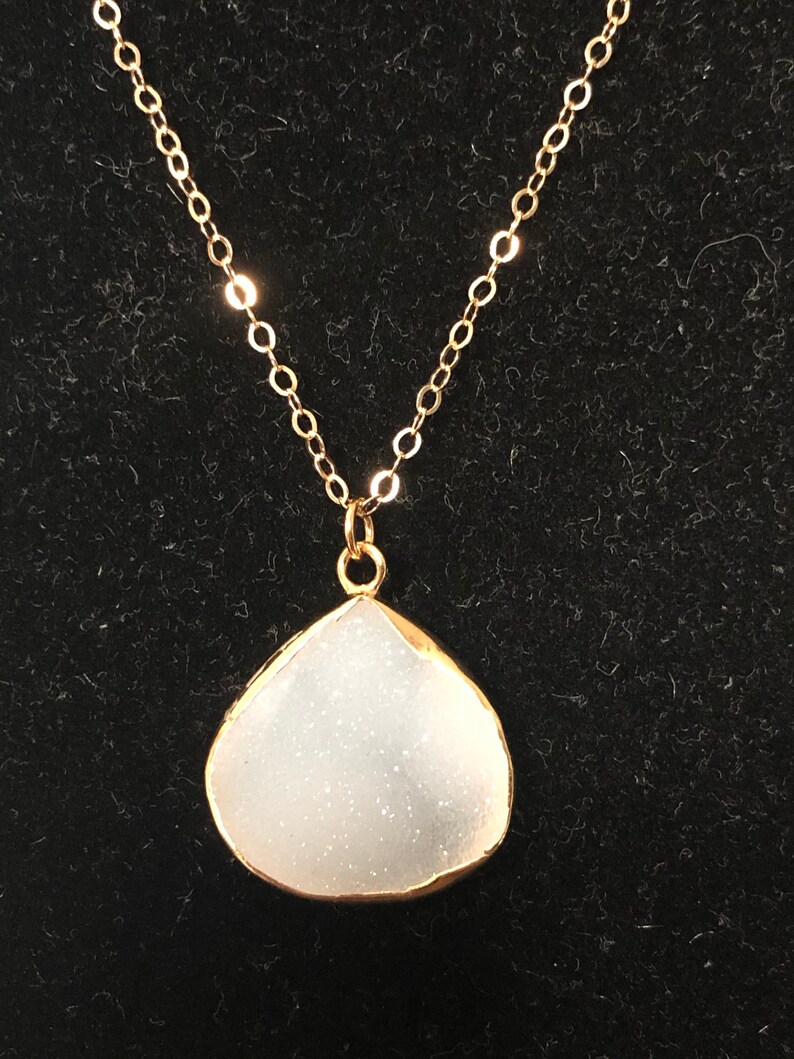 White Druzy Drop Pendant on 14kt Gold Filled 18in Chain