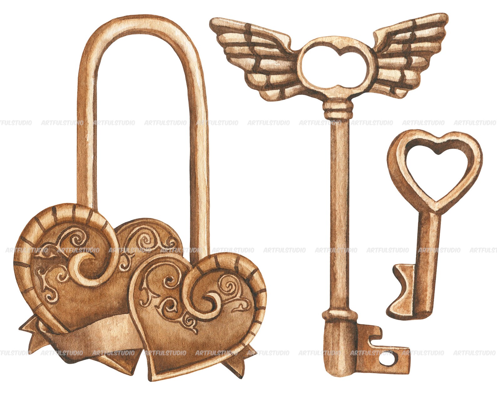 Watercolor Vintage Heart Keys and Locks Clip Artbronze Etsy