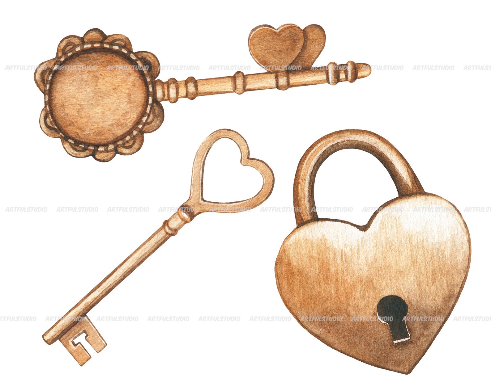 Watercolor Vintage Heart Keys and Locks Clip Artbronze Etsy
