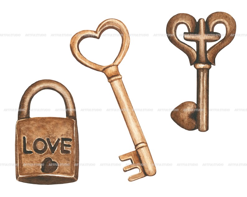 Watercolor Vintage Heart Keys and Locks Clip Artbronze Etsy