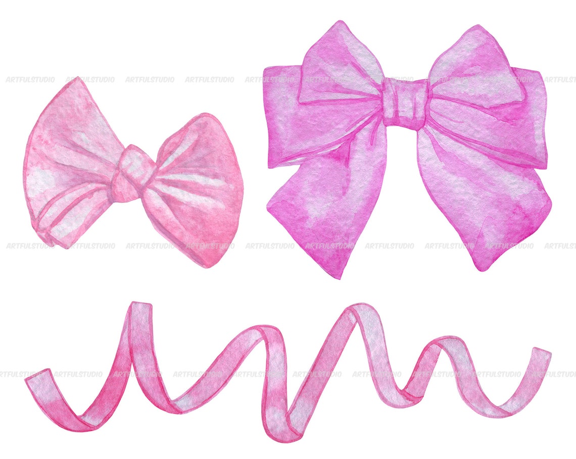 Watercolor pink bows and ribbons clipart Pastel silk bow | Etsy