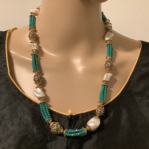 Turquoise, Pearl and Abalone Stone Beaded Long Multi-strand Necklace with Earrings