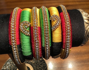 Pulseras de hilo de seda Reshmi hechas a mano con incrustaciones de piedra (talla 2,6, juego de 6)