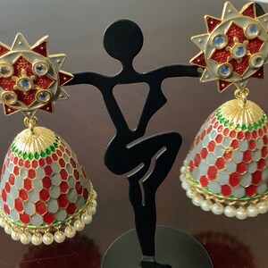 Red & Grey bell shape jhumka earrings W/ dangle pearls.