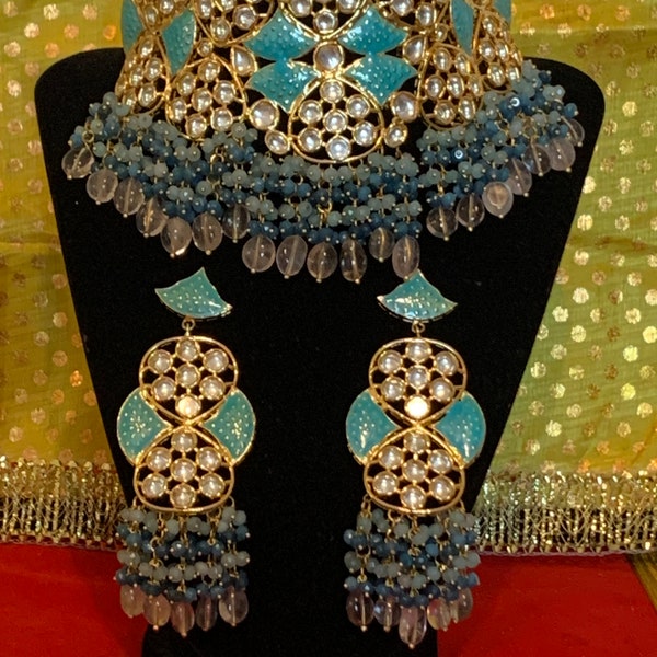 Handmade choker Light blue and dark blue stone beads Firozi meenakari and heavy kundan works long earrings push lock bridal wear